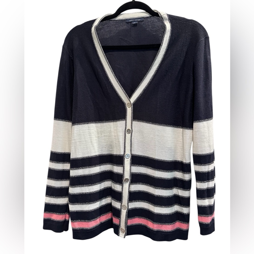 Tommy Hilfiger Navy & Pink Stripe Sparkle Cardigan Knit Sweater Women’s Large - Picture 2 of 8